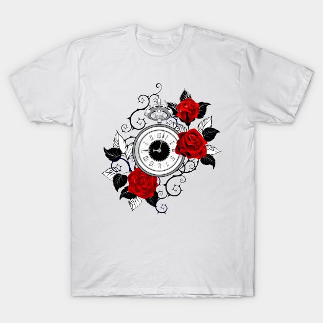 Contour Clock with Red Roses T-Shirt by Blackmoon9